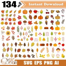 Autumn flower leaves svg,fruit svg,pine cone svg,pumpkin svg,autumn flower clipart vector png silhouette cricut stencil file