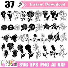 Rose svg,flower svg,bud svg,branche svg,leave svg,rose clipart vector silhouette cut file cricut stencil file png dxf-JY266