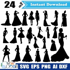 Woman svg,Modern girl,fashion women svg,Evening dress chipart,Fashion women logo vector silhouette cut file cricut stencil file png dxf-JY294