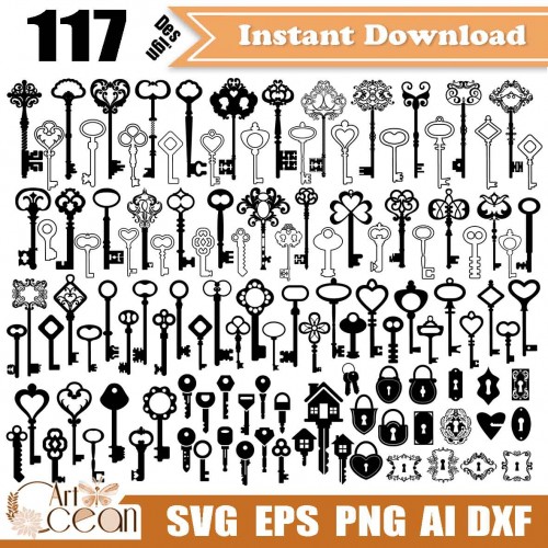 Png Key And Lockvector Key And Lock Cut Files For Silhouette Dxf Design